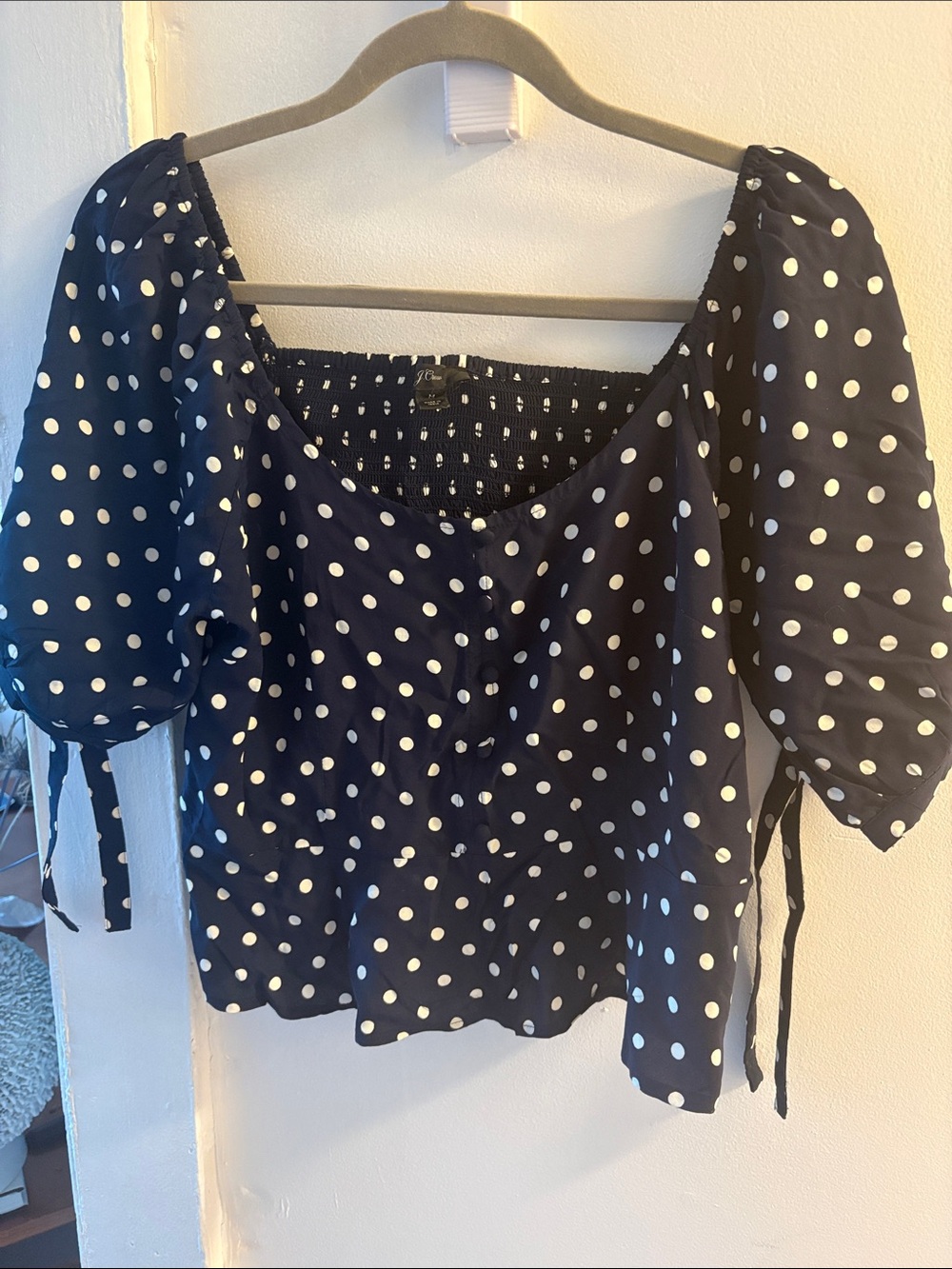 J.Crew Polka Dot Navy Puff Sleeve Peasant Top